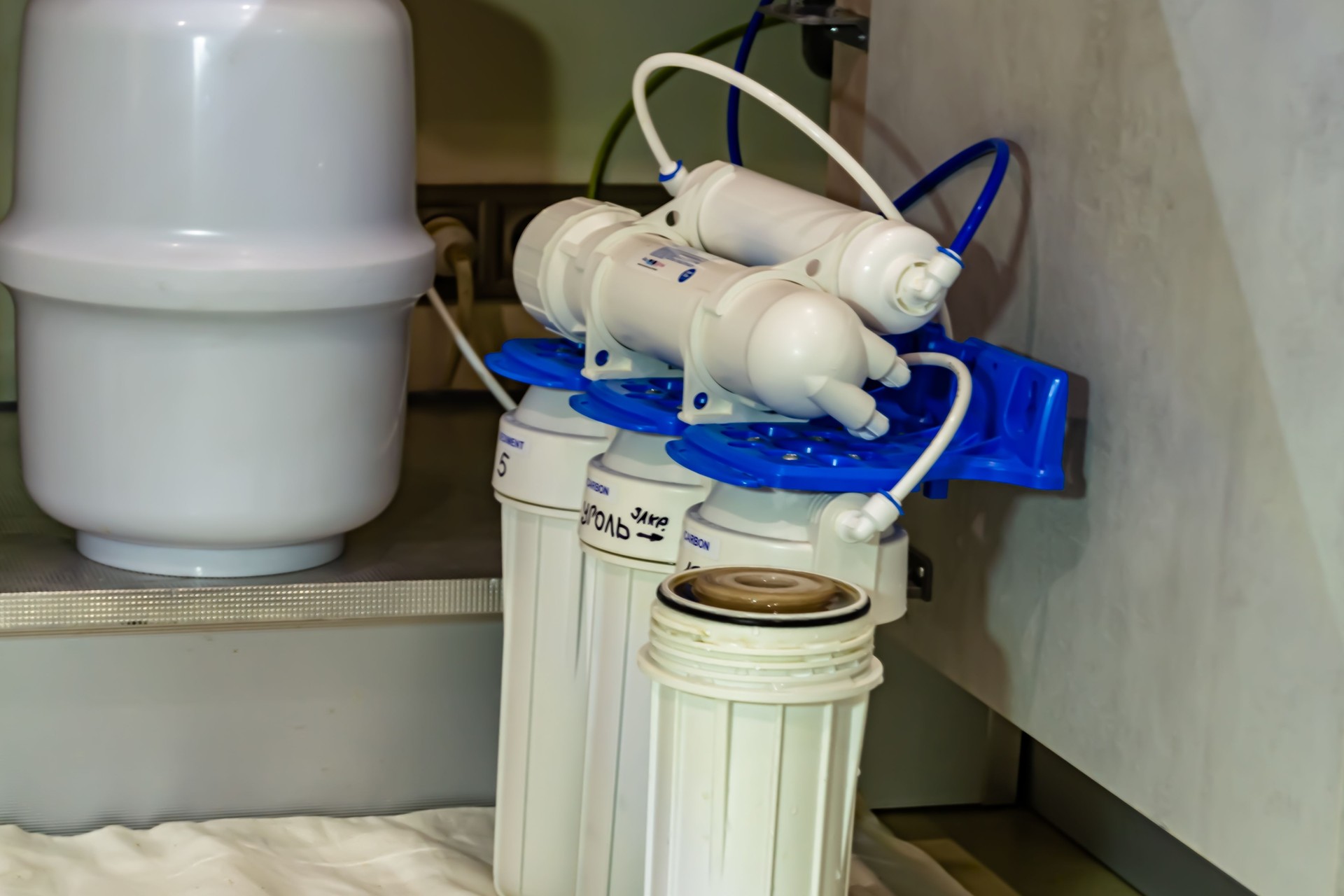 water filter system for home on background kitchen